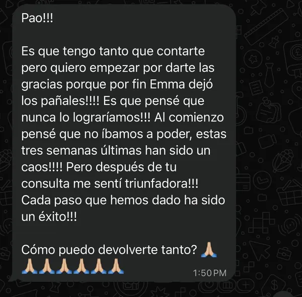 Message in Spanish from a mom: her daughter Emma is finally out of diapers after the consultation.